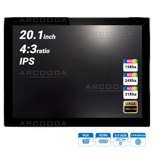 20.1" Professional 4:3 LCD Slimline Arcade Monitor with VESA 15khz 31khz up to 1080P