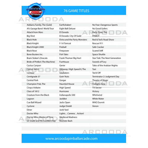 Arcooda Pinball Arcade Game Table List 76 Titles